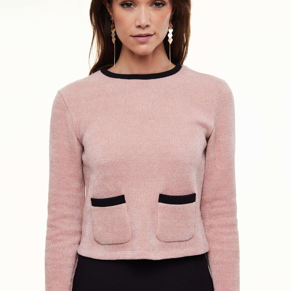 Pink Crew Neck Sweater with Black Trim